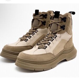 ZARA Brown and Tan Lace Up Hiking  Boots Size 39